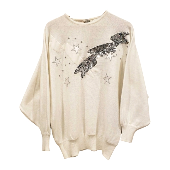 Vintage Christmas/New Years Part Sweater Knit Sparkly Stars/Ribbons Cre… - Picture 1 of 14